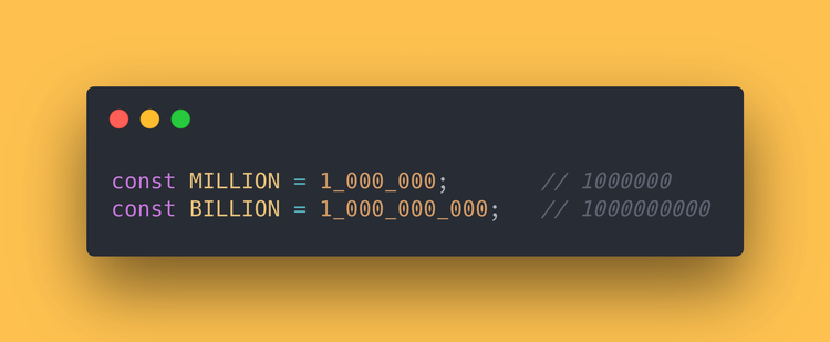 JavaScript Code block showing how to use the numeric separator (underscore).