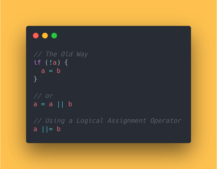 JavaScript Code block showing the use of the logical assignment operator.