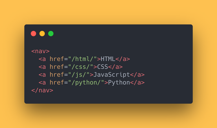 HTML code block showing a navigation built using the nav and a tags.
