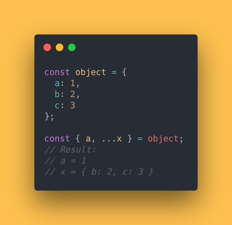 JS code block showing how to use the spread operator (“…”) on an object