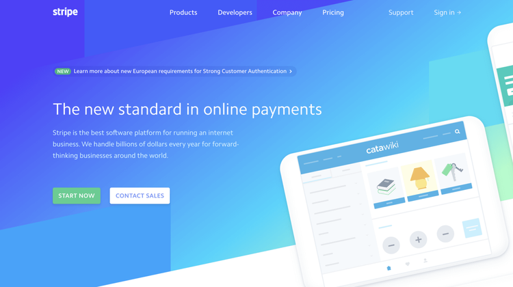 The homepage of the company Stripe