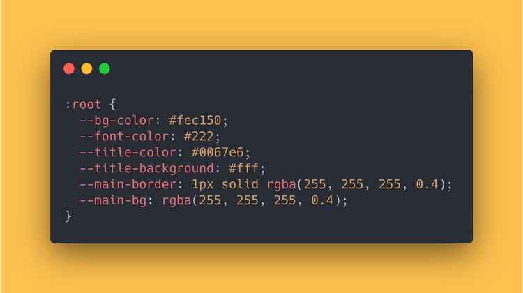 CSS root selector, showing the default/light mode variables