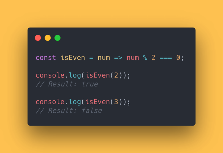 JS code block showing how to check if a number is even or odd using the modulo operator.