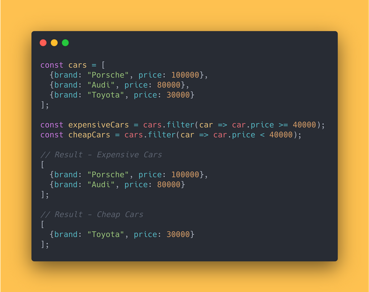 JS code block showing how to use the filter method to filter cheap/expensive cars from an array.