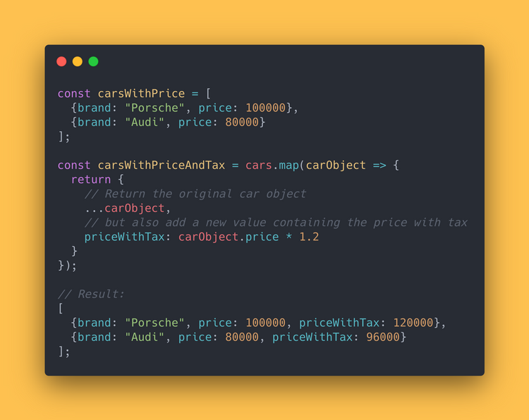 JS code block showing how to use the .map() method to create a new array containing the price with tax