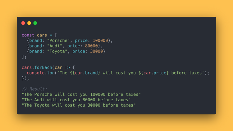 JS code block showing how to use the forEach method to loop over all cars and log text showing its brand and price.