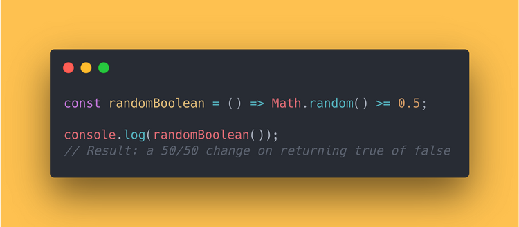 JS code block showing how to use the Math Random method to get a random boolean value.