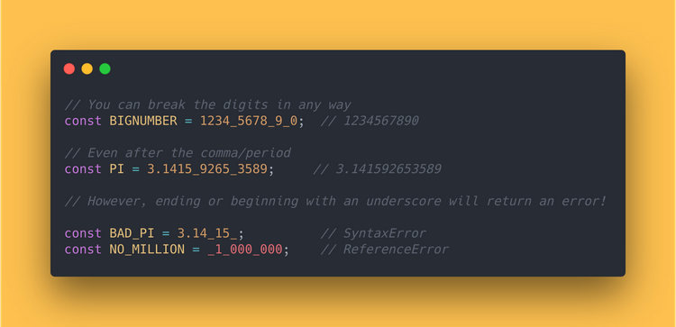 JavaScript Code block showing how to use the numeric separator (underscore).