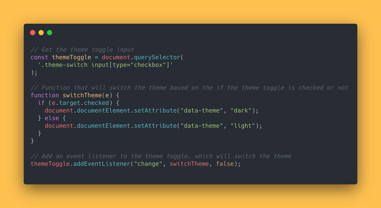 JS code block showing how we added an event listener + functionality to our toggle-switch