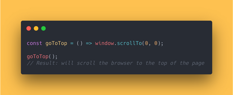 JS code block showing how the browser to the top using the scrollTo method.