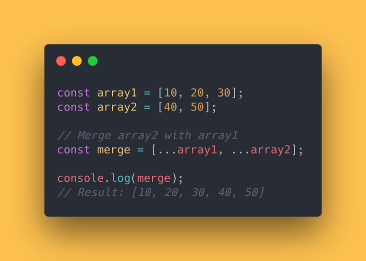 JS code block showing how to use the spread operator (“…”) to merge 2 arrays