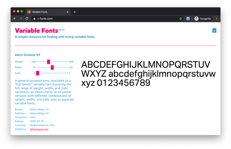 Screenshot of the website v-fonts.com