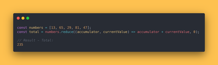 JS code block showing how to use the reduce method to add up all values of an array.