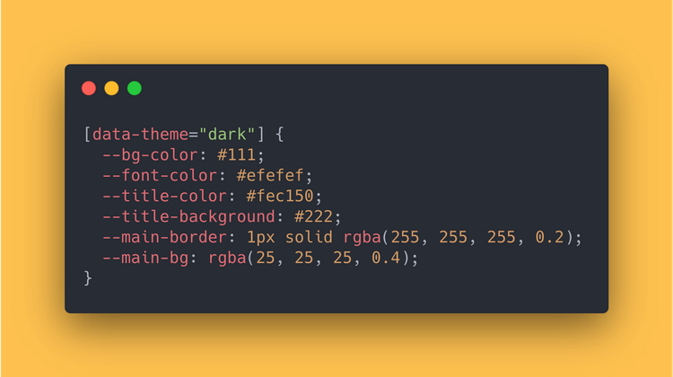 CSS data-theme dark attribute selector, showing the dark mode variables