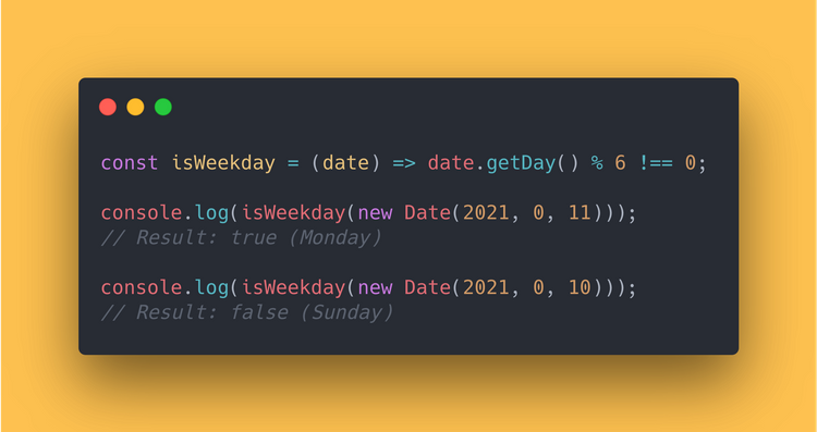 JS code block showing how to write a function that will return if the provided day is a weekday or weekend day.