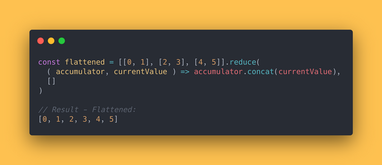 JS code block showing how to use the reduce method to flatten an array.