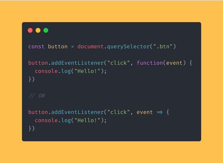 JavaScript code block showing the use of an event listener