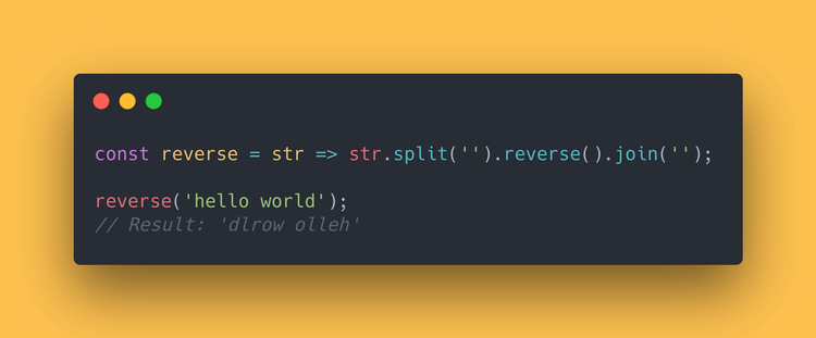 JS code block showing how to reverse a string.