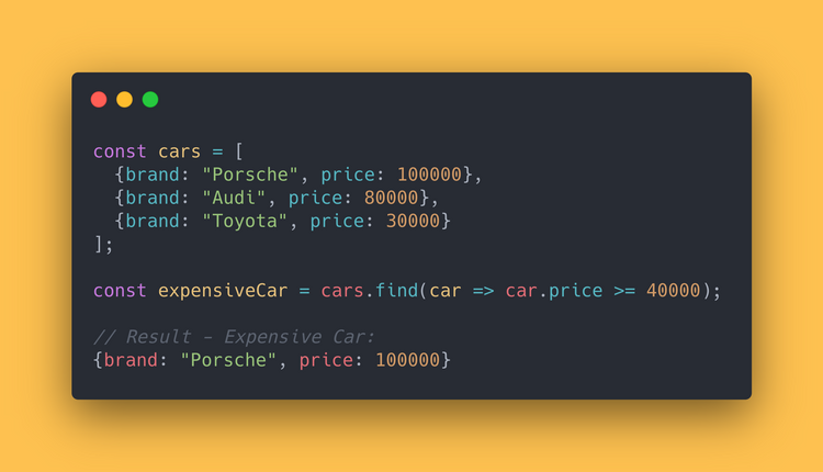 JS code block showing how to use the find method to find the first “expensive” car in an array.