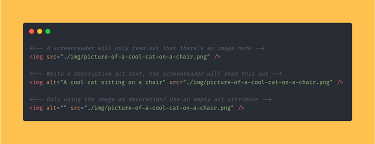HTML code block showing how you can make images descriptive using the “alt” attribute.