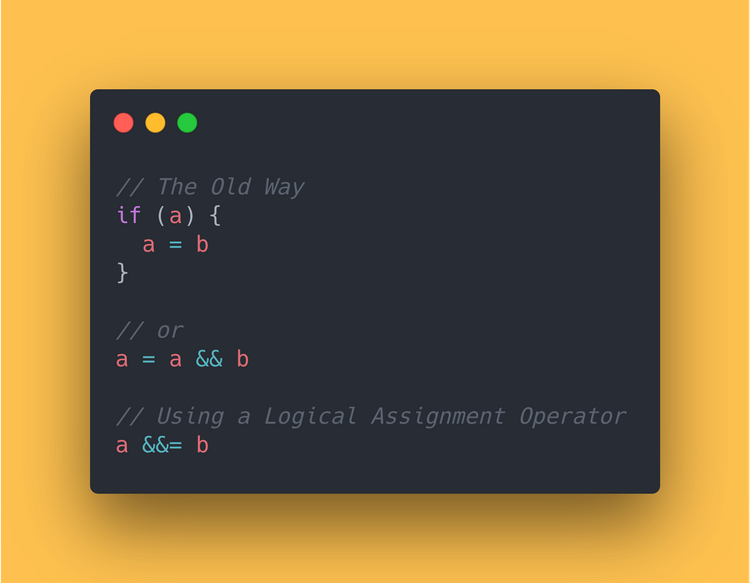 JavaScript Code block showing the use of the logical assignment operator.