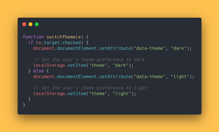 JS code block saving our theme preference to localStorage